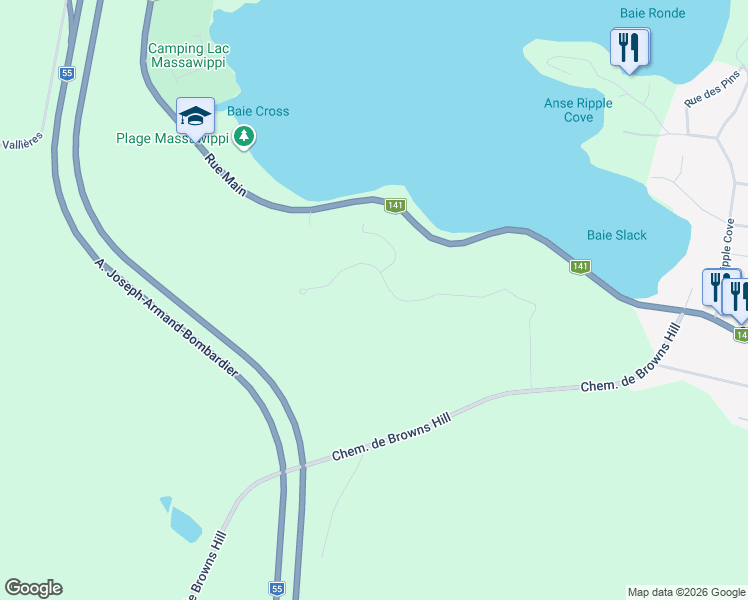map of restaurants, bars, coffee shops, grocery stores, and more near 80 Rue des Hauts-du-Lac in Ayer's Cliff