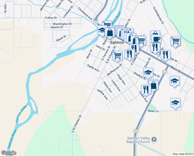 map of restaurants, bars, coffee shops, grocery stores, and more near 515 S St Charles St in Salmon