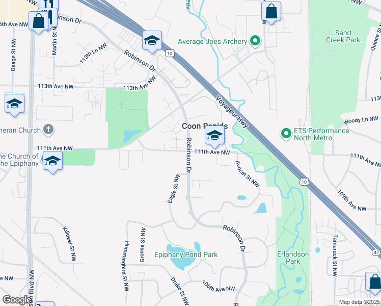 map of restaurants, bars, coffee shops, grocery stores, and more near 11089 Robinson Drive in Minneapolis