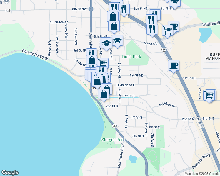 map of restaurants, bars, coffee shops, grocery stores, and more near 150 Division Street East in Buffalo