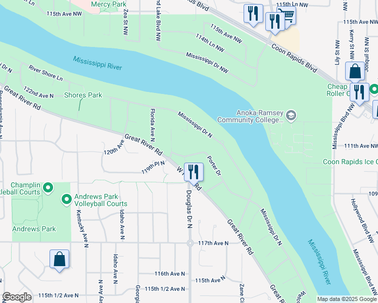 map of restaurants, bars, coffee shops, grocery stores, and more near 12036 Porter Drive in Champlin