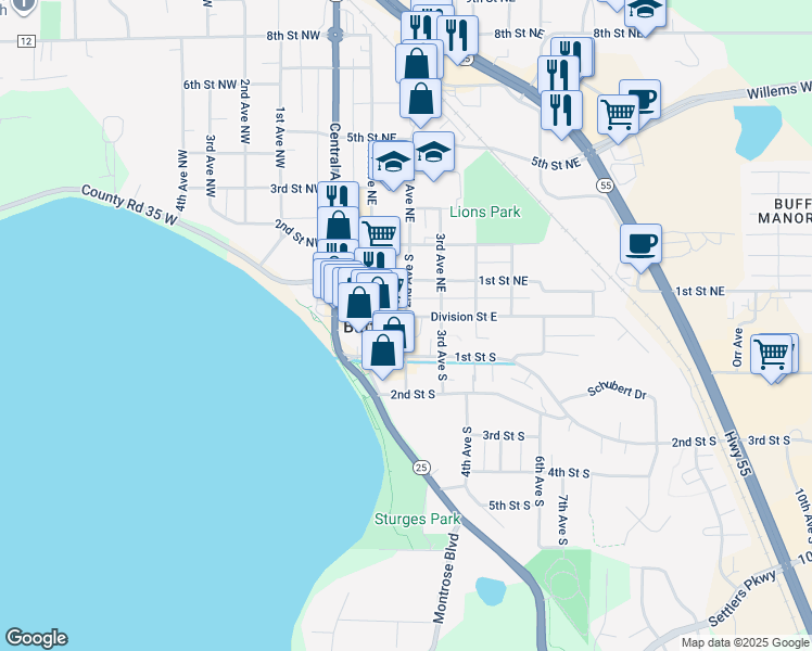 map of restaurants, bars, coffee shops, grocery stores, and more near 201 Division Street East in Buffalo
