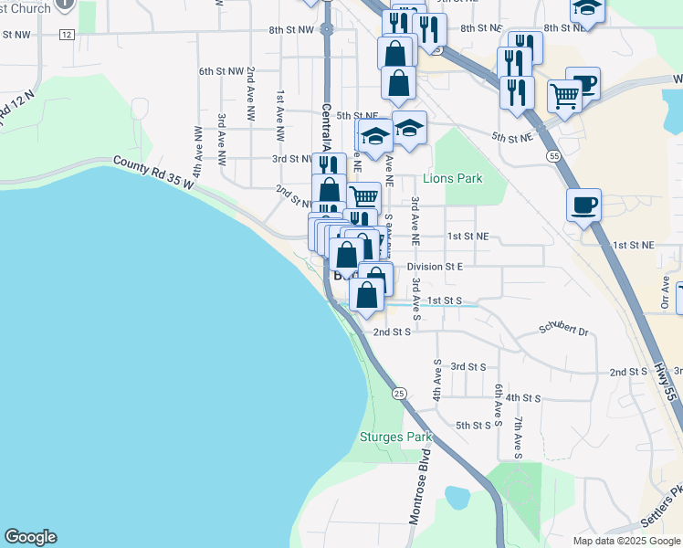 map of restaurants, bars, coffee shops, grocery stores, and more near 12 Central Avenue in Buffalo