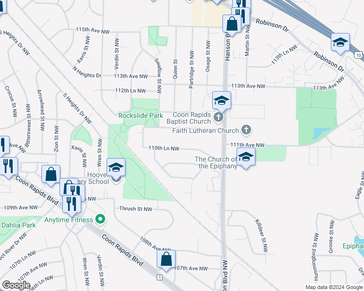 map of restaurants, bars, coffee shops, grocery stores, and more near 2143 110th Lane Northwest in Coon Rapids