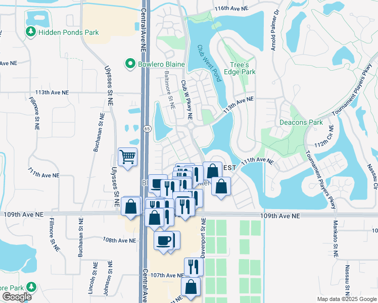map of restaurants, bars, coffee shops, grocery stores, and more near 11211 Club West Parkway Northeast in Blaine
