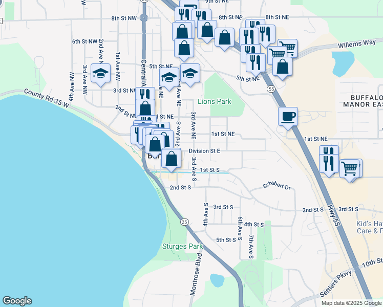 map of restaurants, bars, coffee shops, grocery stores, and more near 301 Division Street East in Buffalo