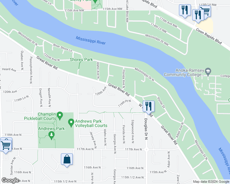 map of restaurants, bars, coffee shops, grocery stores, and more near 11962 Castle Rock Court North in Champlin
