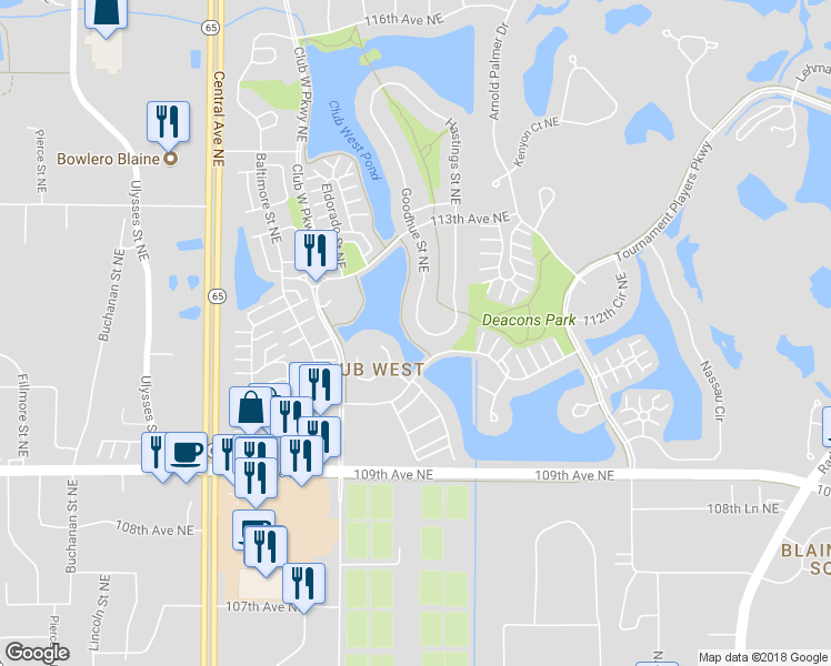 map of restaurants, bars, coffee shops, grocery stores, and more near 11134 Goodhue Street Northeast in Blaine