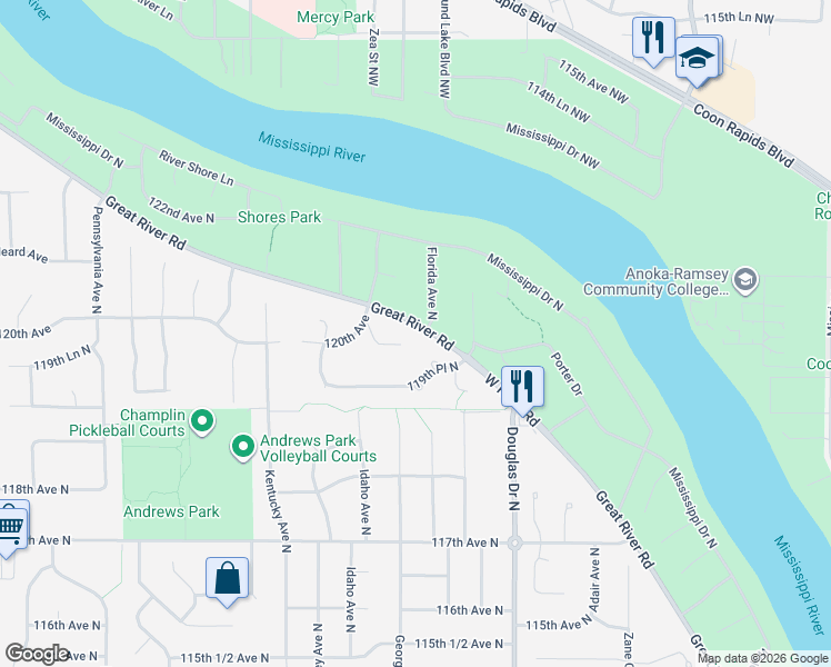 map of restaurants, bars, coffee shops, grocery stores, and more near 12004 West River Road in Champlin
