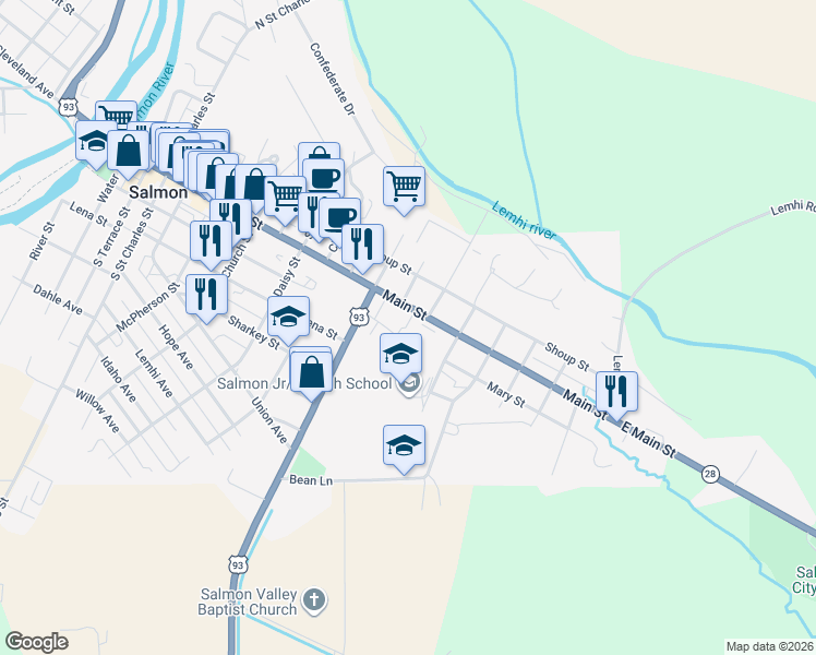 map of restaurants, bars, coffee shops, grocery stores, and more near 1323 Main Street in Salmon