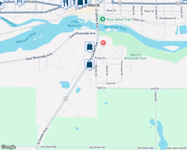 map of restaurants, bars, coffee shops, grocery stores, and more near 768 Martin Street in Merrill