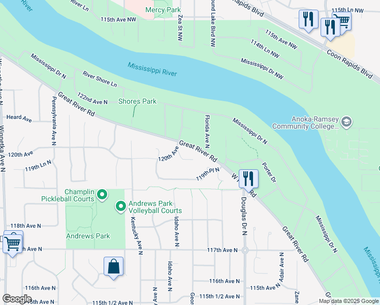 map of restaurants, bars, coffee shops, grocery stores, and more near 11968 Castle Rock Court North in Champlin
