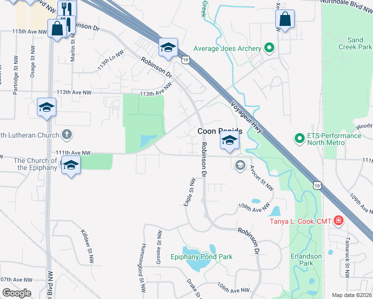 map of restaurants, bars, coffee shops, grocery stores, and more near 11120 Drake Street Northwest in Coon Rapids