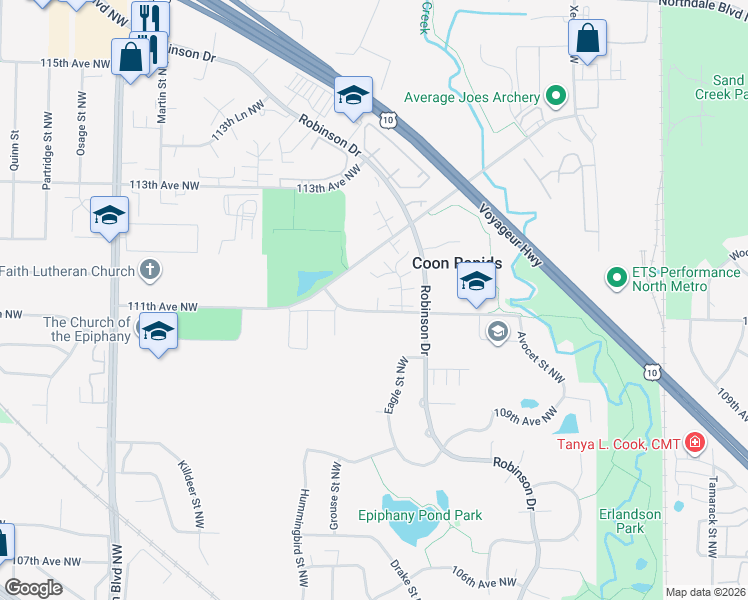 map of restaurants, bars, coffee shops, grocery stores, and more near 11120 Drake Street Northwest in Coon Rapids