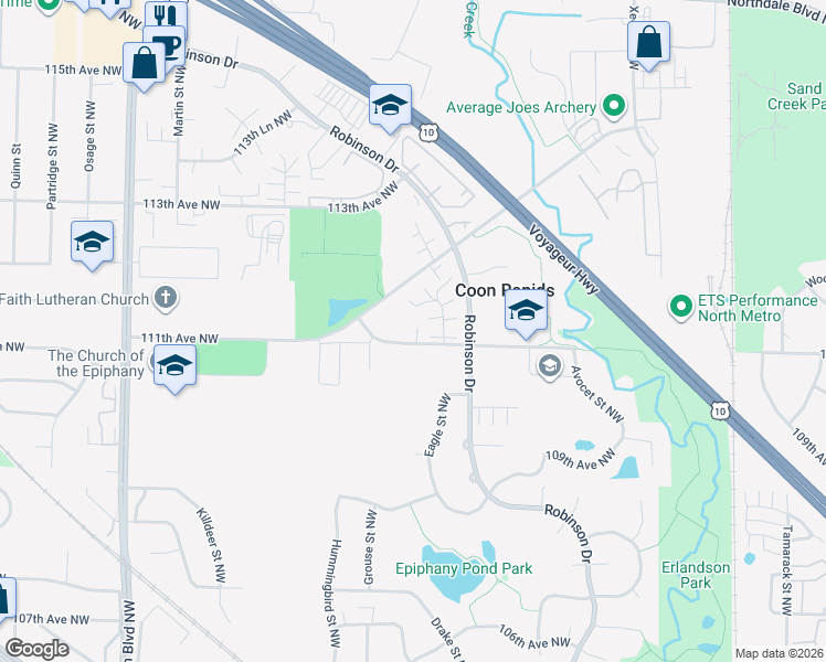 map of restaurants, bars, coffee shops, grocery stores, and more near 11120 Drake Street Northwest in Coon Rapids