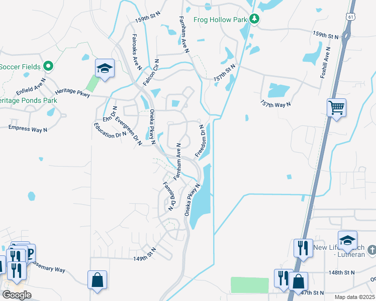 map of restaurants, bars, coffee shops, grocery stores, and more near 15359 Falk Drive North in Hugo