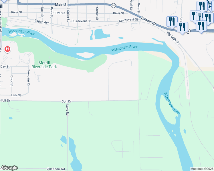 map of restaurants, bars, coffee shops, grocery stores, and more near 710 Rio Grande Drive in Merrill