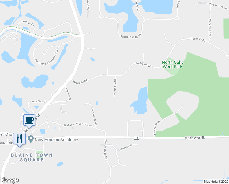 map of restaurants, bars, coffee shops, grocery stores, and more near 2934 Aspen Lake Drive Northeast in Blaine