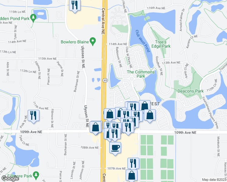 map of restaurants, bars, coffee shops, grocery stores, and more near 11212 Aberdeen Street Northeast in Blaine