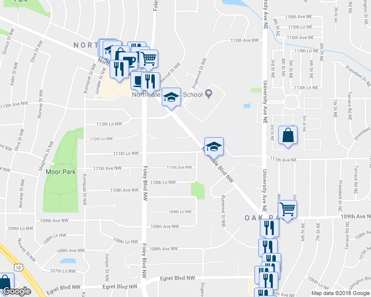 map of restaurants, bars, coffee shops, grocery stores, and more near 231 111th Lane Northwest in Coon Rapids