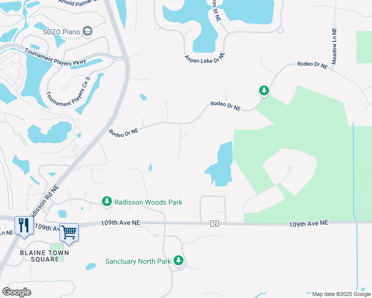 map of restaurants, bars, coffee shops, grocery stores, and more near 11135 Woodhill Lane Northeast in Blaine