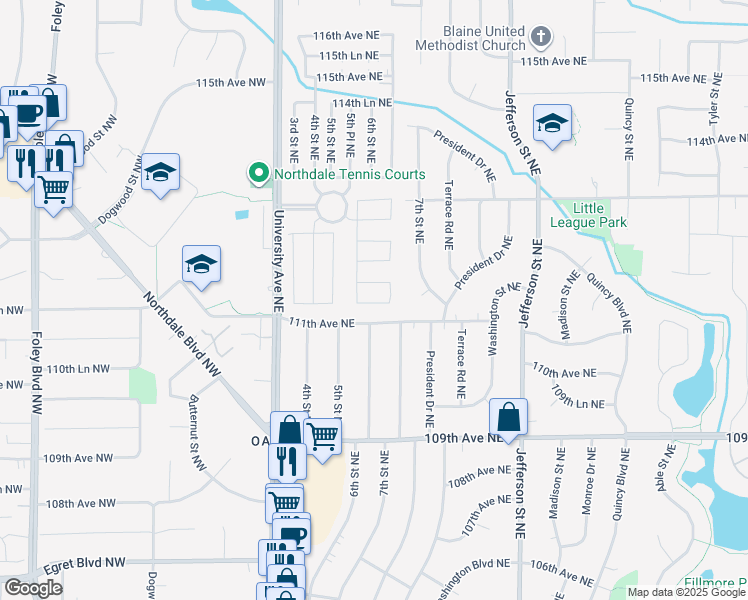 map of restaurants, bars, coffee shops, grocery stores, and more near 106 111th Square Northeast in Blaine