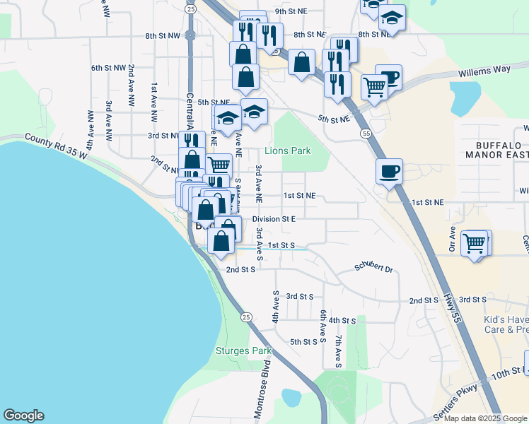 map of restaurants, bars, coffee shops, grocery stores, and more near 301 Division Street East in Buffalo