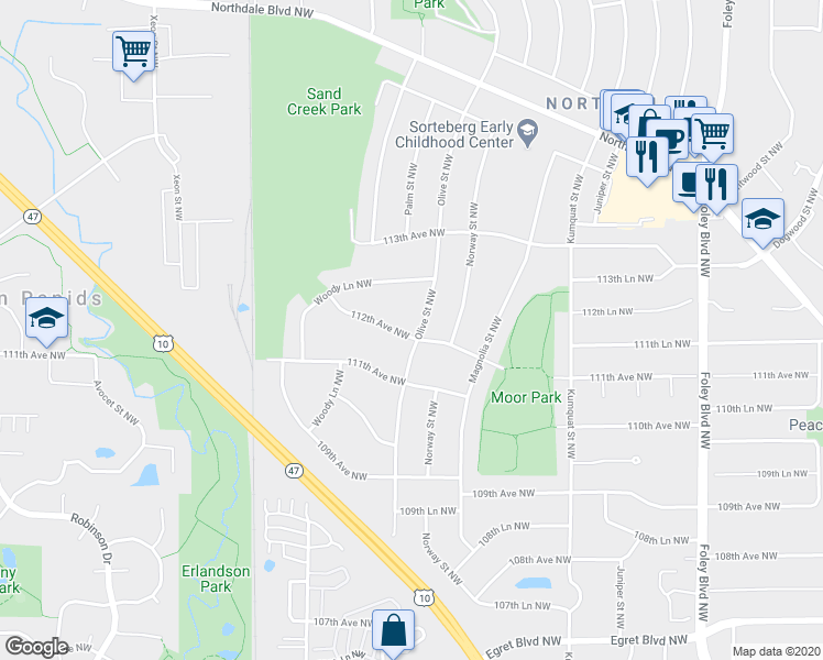 map of restaurants, bars, coffee shops, grocery stores, and more near 835 112th Avenue Northwest in Coon Rapids