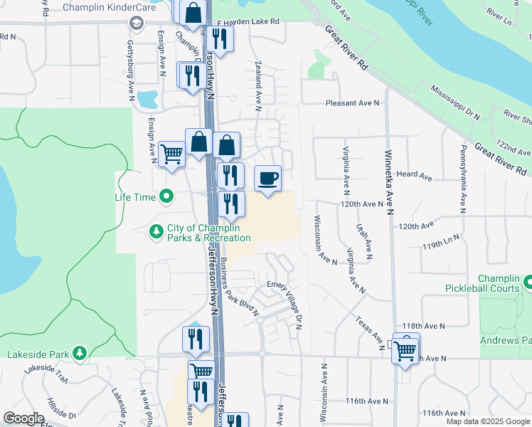 map of restaurants, bars, coffee shops, grocery stores, and more near 11990 Business Park Boulevard North in Champlin