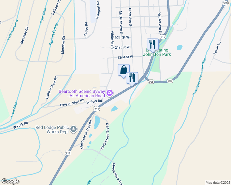 map of restaurants, bars, coffee shops, grocery stores, and more near 1505 Broadway Avenue South in Red Lodge