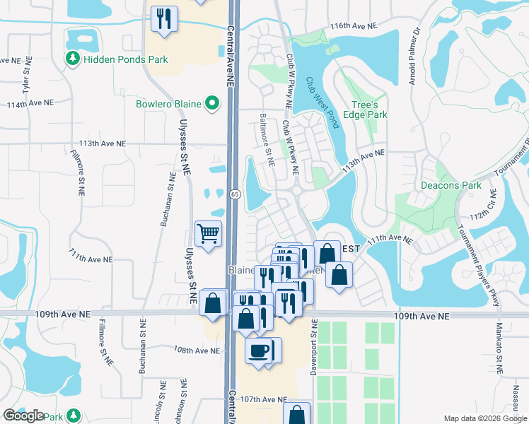 map of restaurants, bars, coffee shops, grocery stores, and more near 11286 Baltimore Street Northeast in Blaine