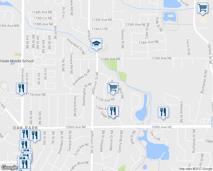 map of restaurants, bars, coffee shops, grocery stores, and more near 11149 Madison Street Northeast in Blaine