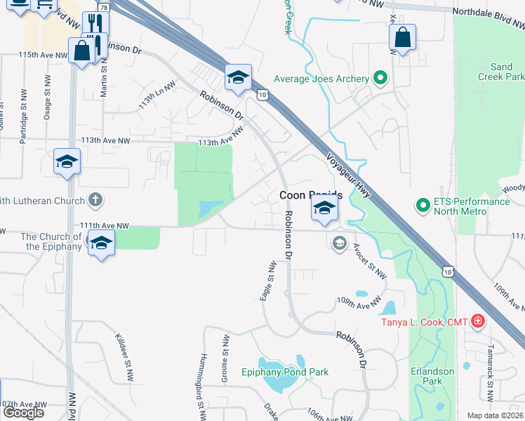 map of restaurants, bars, coffee shops, grocery stores, and more near 11120 Drake Street Northwest in Coon Rapids