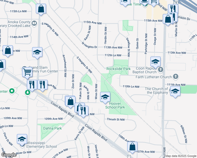map of restaurants, bars, coffee shops, grocery stores, and more near 2401 South Heights Drive Northwest in Coon Rapids