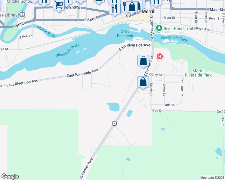 map of restaurants, bars, coffee shops, grocery stores, and more near 701 Bramble Way in Merrill