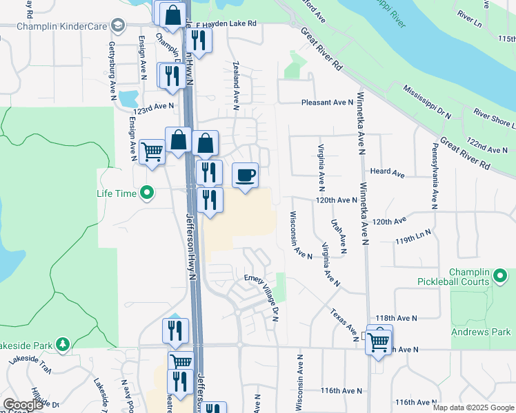 map of restaurants, bars, coffee shops, grocery stores, and more near 11990 Business Park Boulevard North in Champlin