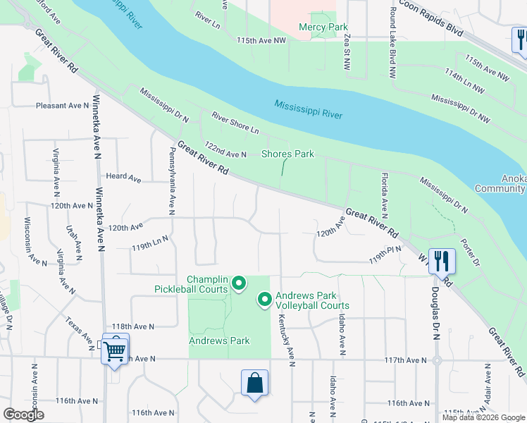 map of restaurants, bars, coffee shops, grocery stores, and more near 12021 Kentucky Avenue North in Champlin