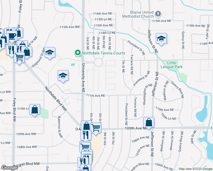 map of restaurants, bars, coffee shops, grocery stores, and more near 106 111th Square Northeast in Blaine