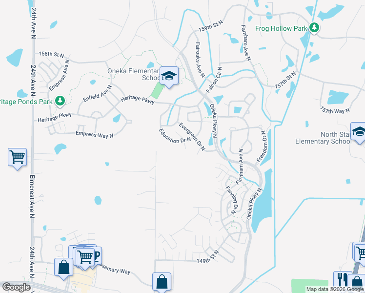 map of restaurants, bars, coffee shops, grocery stores, and more near 4913 Education Drive North in Hugo