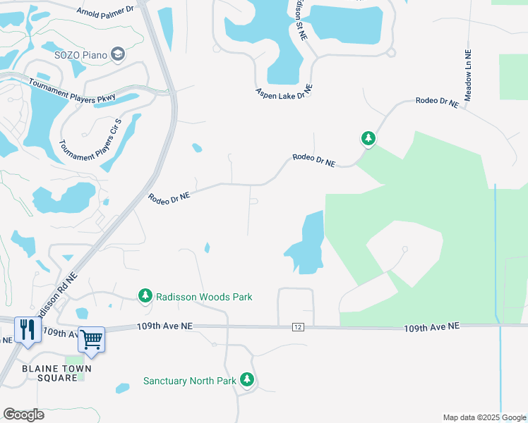 map of restaurants, bars, coffee shops, grocery stores, and more near 11135 Woodhill Lane Northeast in Blaine