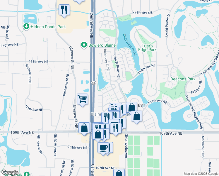 map of restaurants, bars, coffee shops, grocery stores, and more near 11286 Baltimore Street Northeast in Blaine
