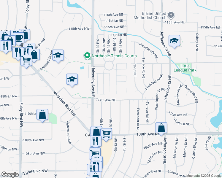 map of restaurants, bars, coffee shops, grocery stores, and more near 11140 5th Street Northeast in Blaine