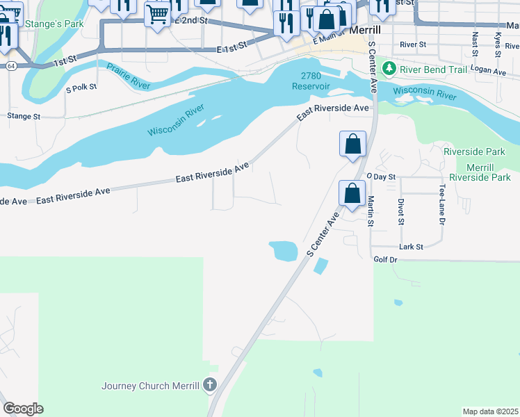 map of restaurants, bars, coffee shops, grocery stores, and more near 607 Bramble Way in Merrill