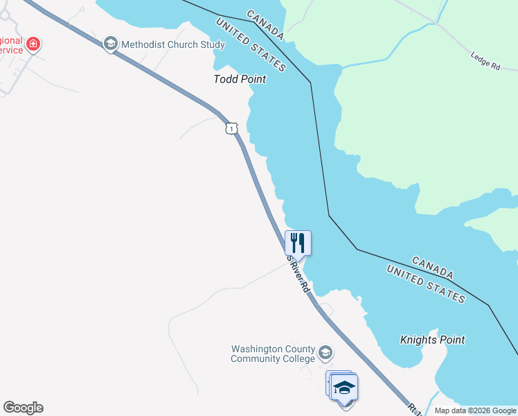 map of restaurants, bars, coffee shops, grocery stores, and more near 88-152 South River Road in Calais