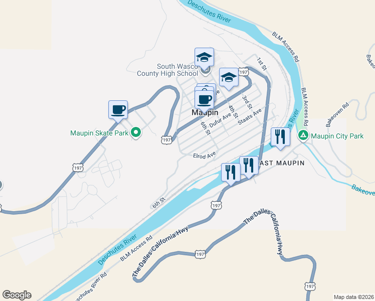 map of restaurants, bars, coffee shops, grocery stores, and more near 624 Staats Avenue in Maupin