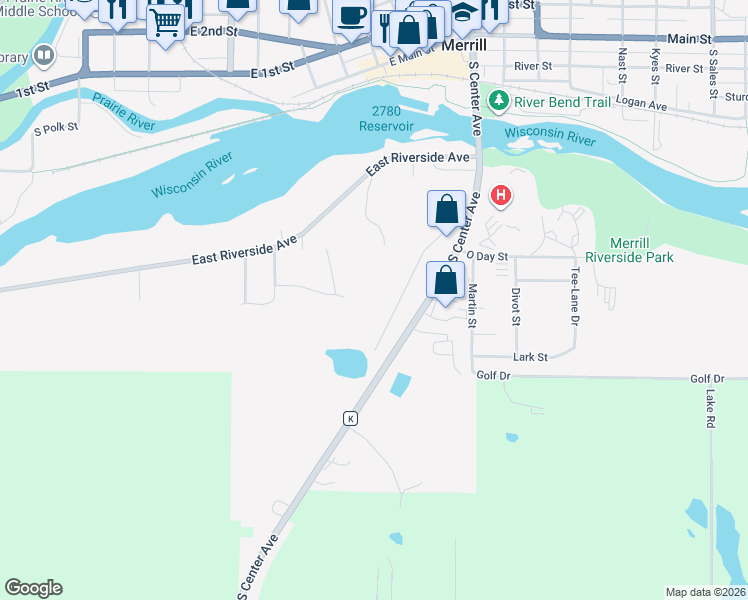 map of restaurants, bars, coffee shops, grocery stores, and more near 701 Bramble Way in Merrill