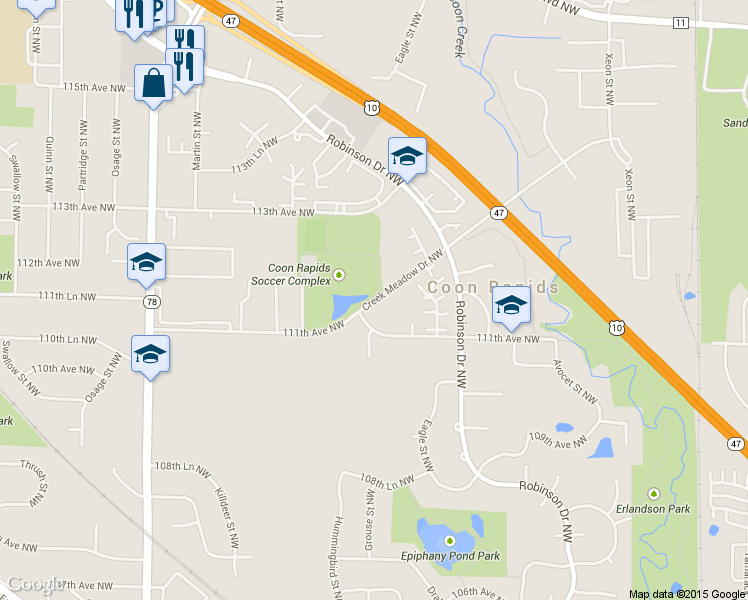 map of restaurants, bars, coffee shops, grocery stores, and more near 1535 Creek Meadow Drive in Minneapolis