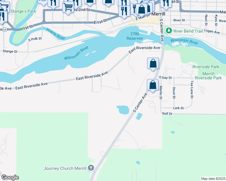 map of restaurants, bars, coffee shops, grocery stores, and more near 607 Bramble Way in Merrill