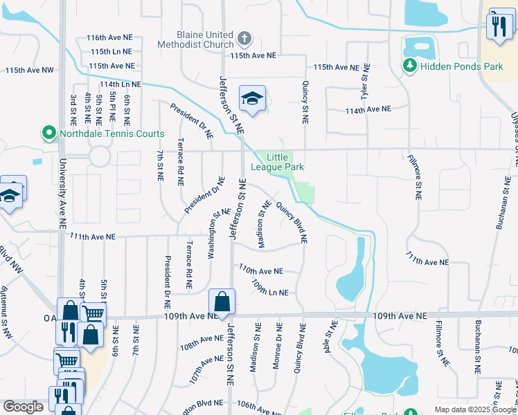 map of restaurants, bars, coffee shops, grocery stores, and more near 11149 Madison Street Northeast in Blaine