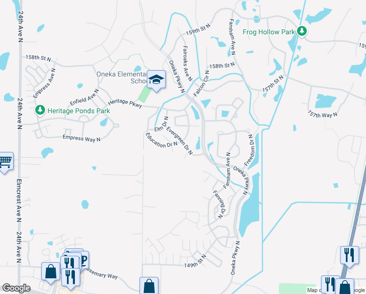 map of restaurants, bars, coffee shops, grocery stores, and more near 4985 Evergreen Drive North in Hugo